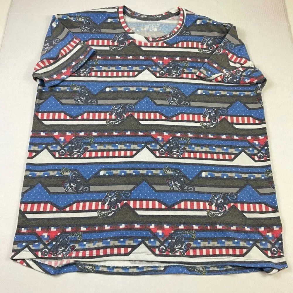 Lularoe Stretch Knit Top Motorcycle Print Short Sleeve Shirt Crew Neck Size 3XL